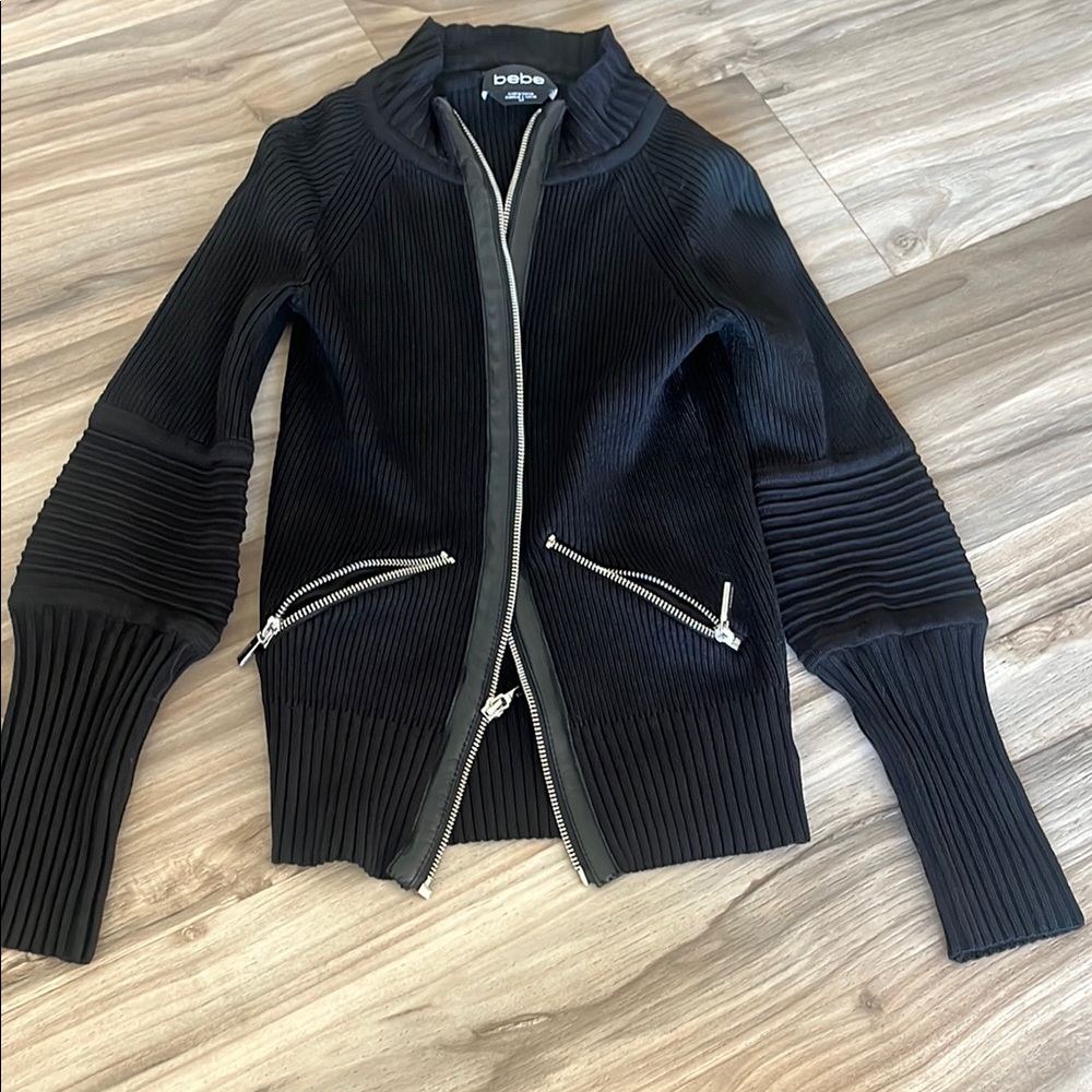 Bebe Black Bomber Jacket with Ribbed Knit Panels